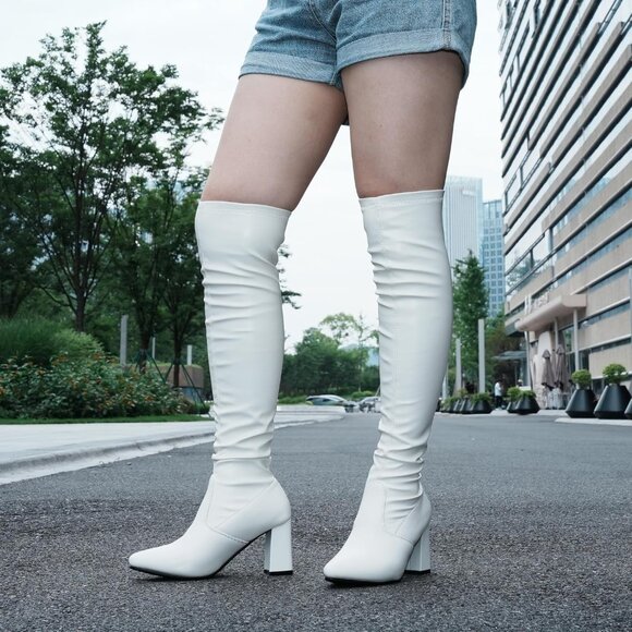 Hawkwell Women's White pu Low Flat Heel Thigh High Over The Knee Fashion Boots - Picture 2 of 5